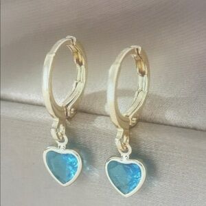 Gold Hoop Earrings with Blue Heart Charms